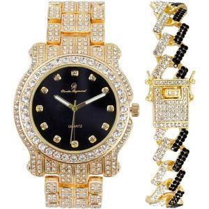 NEW Black/Gold Luxury Iced Out Watch + Bracelet Set